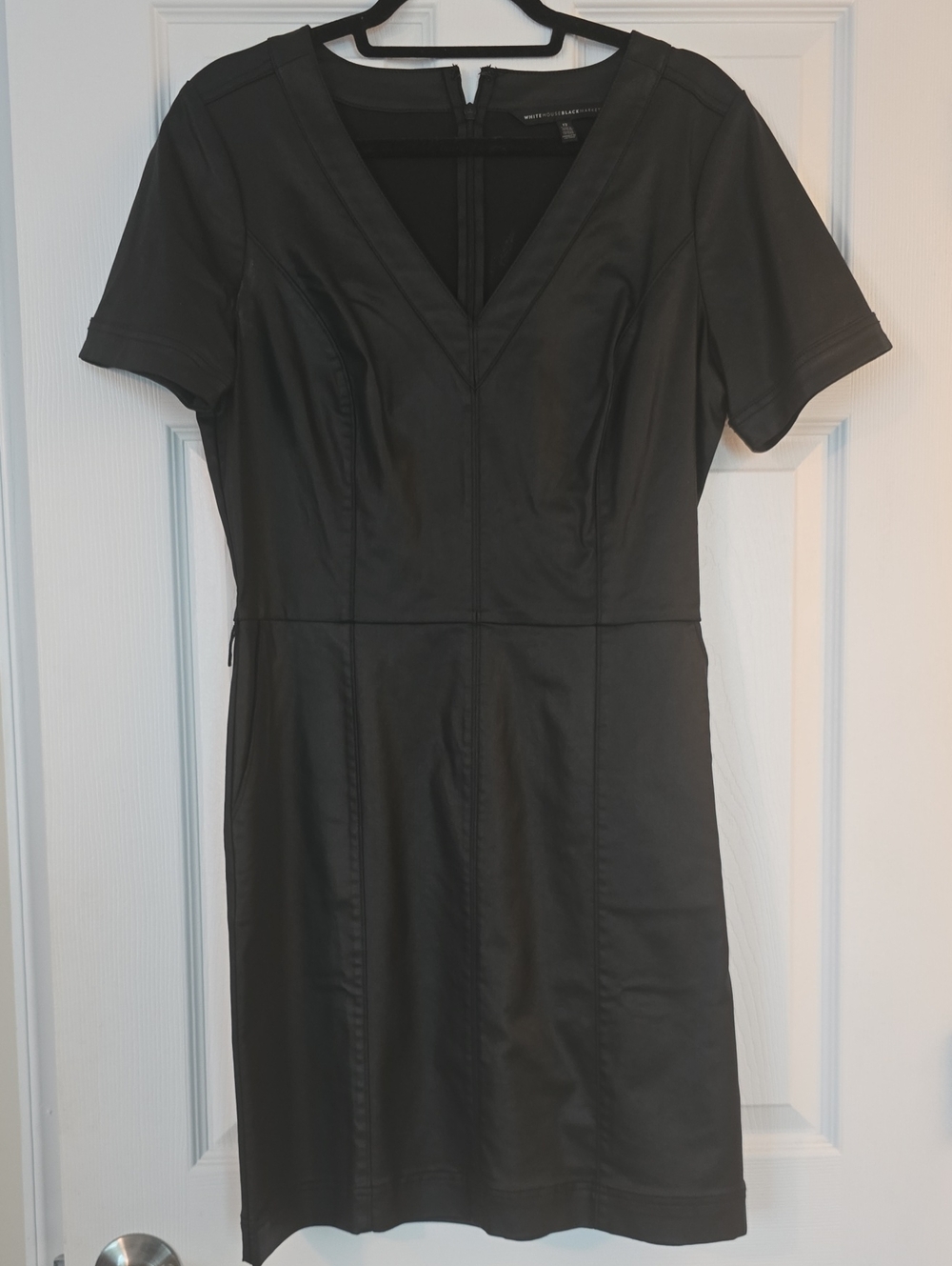 White House Black Market - Black Faux-Leather V-Neck Short Sleeve Dress Size 12